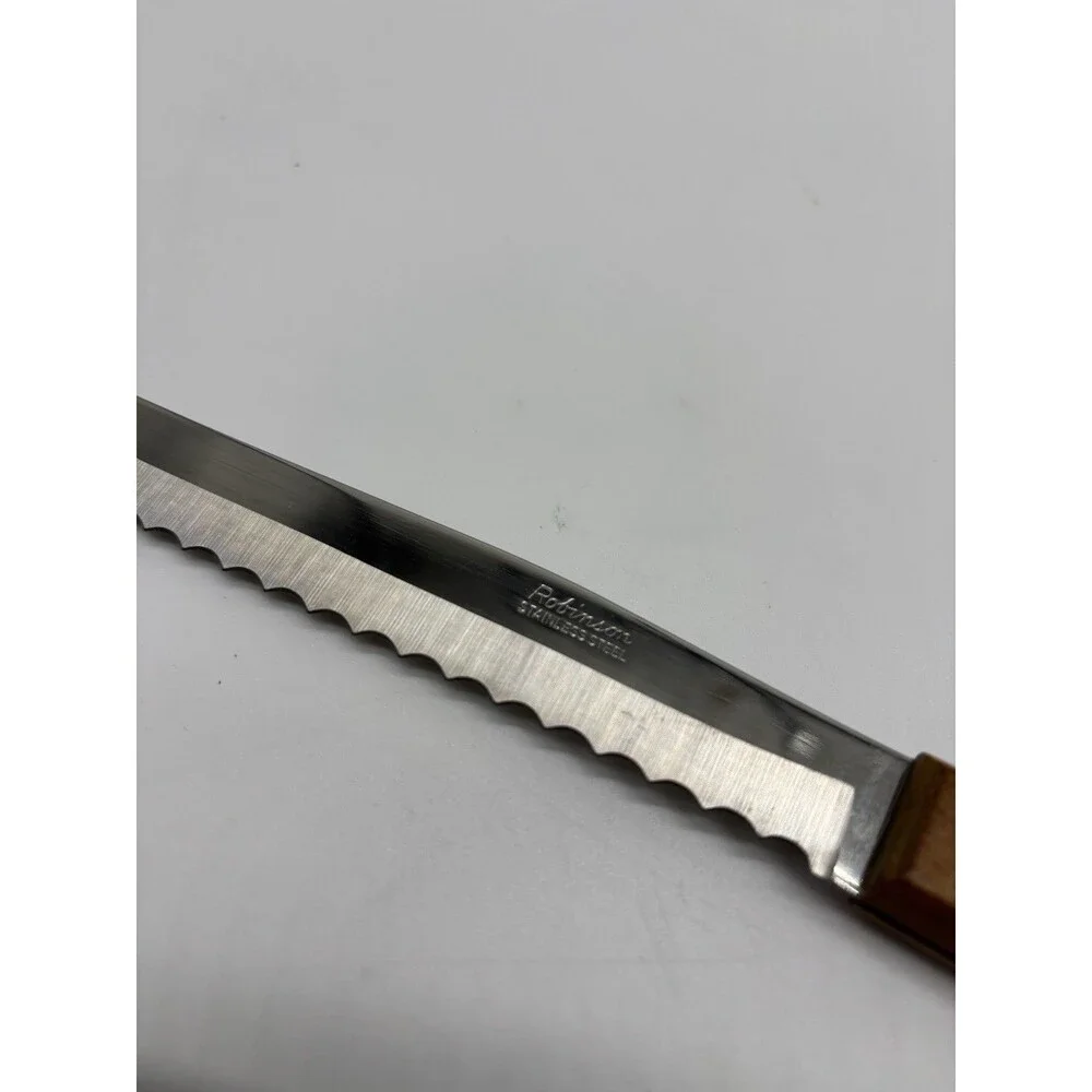 Vtg 12” Robinson Knife Co Slicer Carver Serrated Knife Wood Handle Brass Rivets